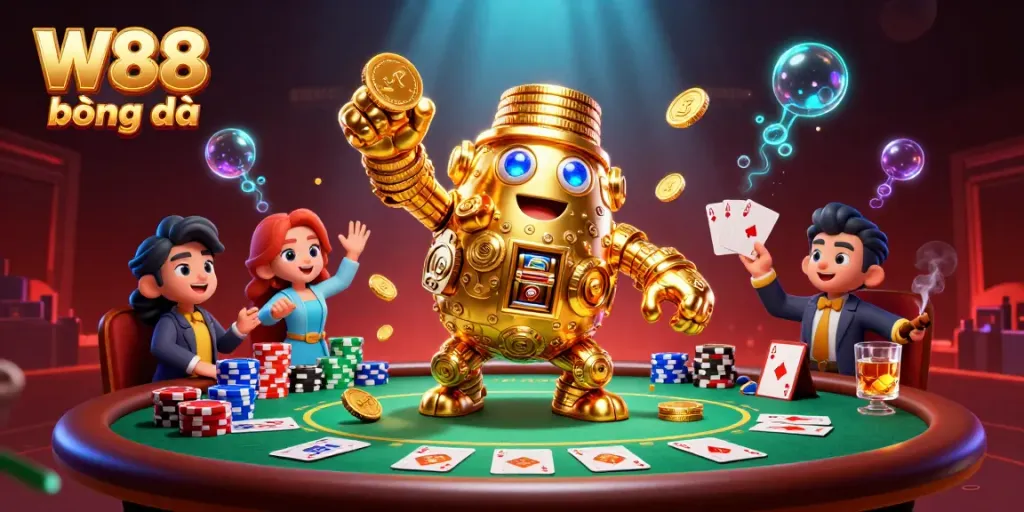 Experience thrilling W88 bóng đá excitement with vibrant casino elements and a golden golem.