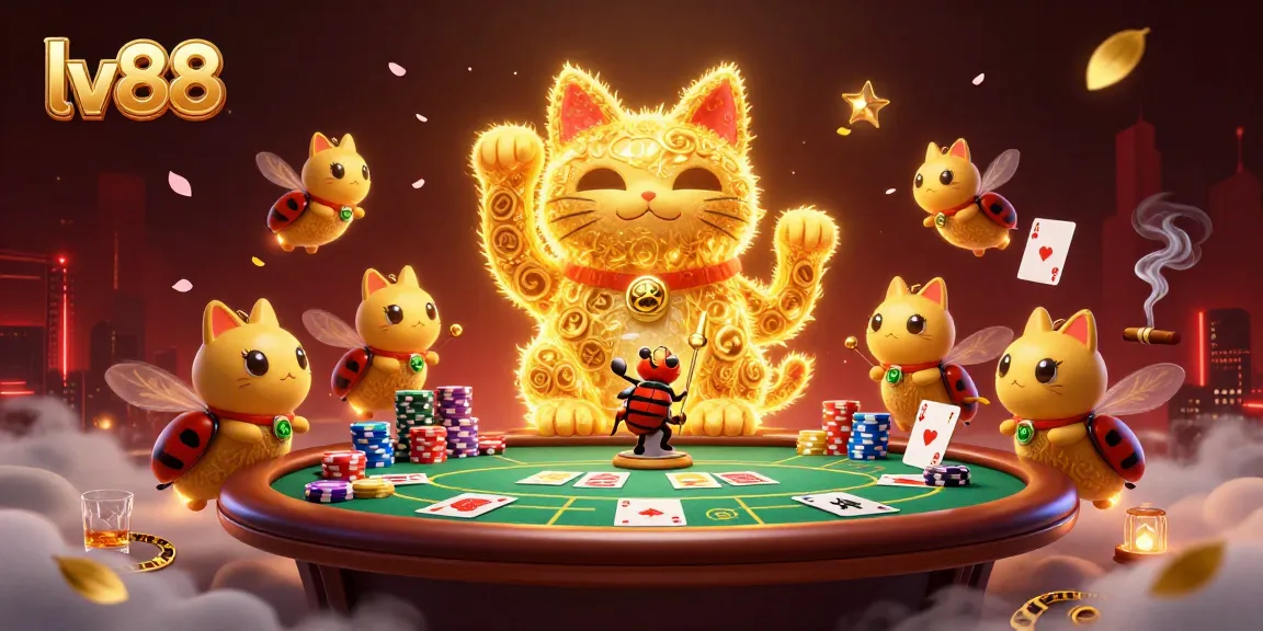 Experience the excitement of the lv88 casino with a vibrant illustration featuring a lucky cat and poker scene.