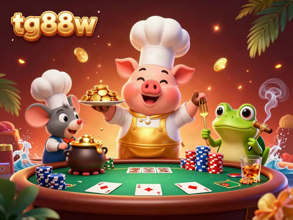 Engage in thrilling poker with tg88w, featuring vibrant characters and casino elements.