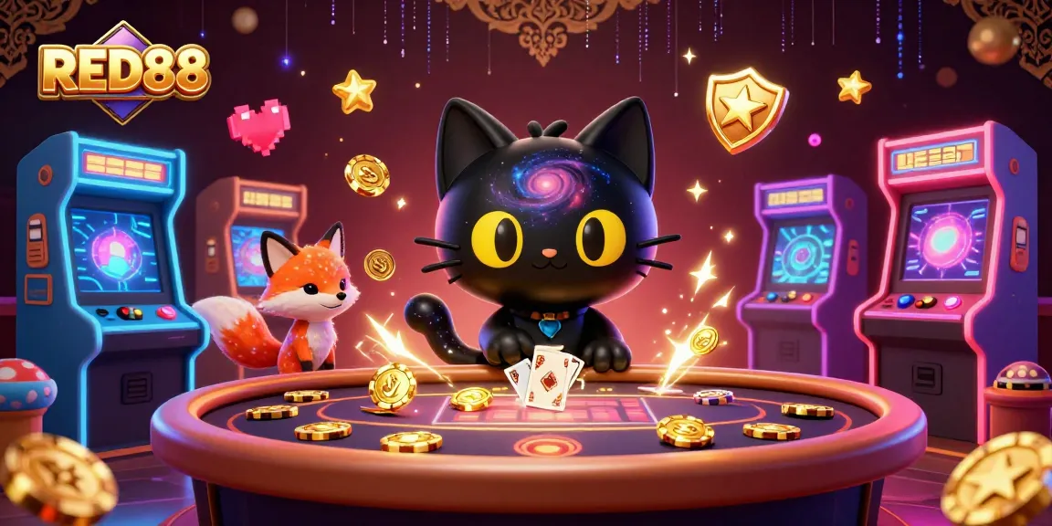 Experience the thrill of RED88 with an immersive cosmic casino adventure featuring a black hole cat and colorful companions.