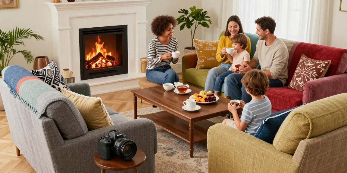 Stoelhoes in een gezellige woonkamer met een kleurrijke bank en het gezin dat samen thee drinkt.