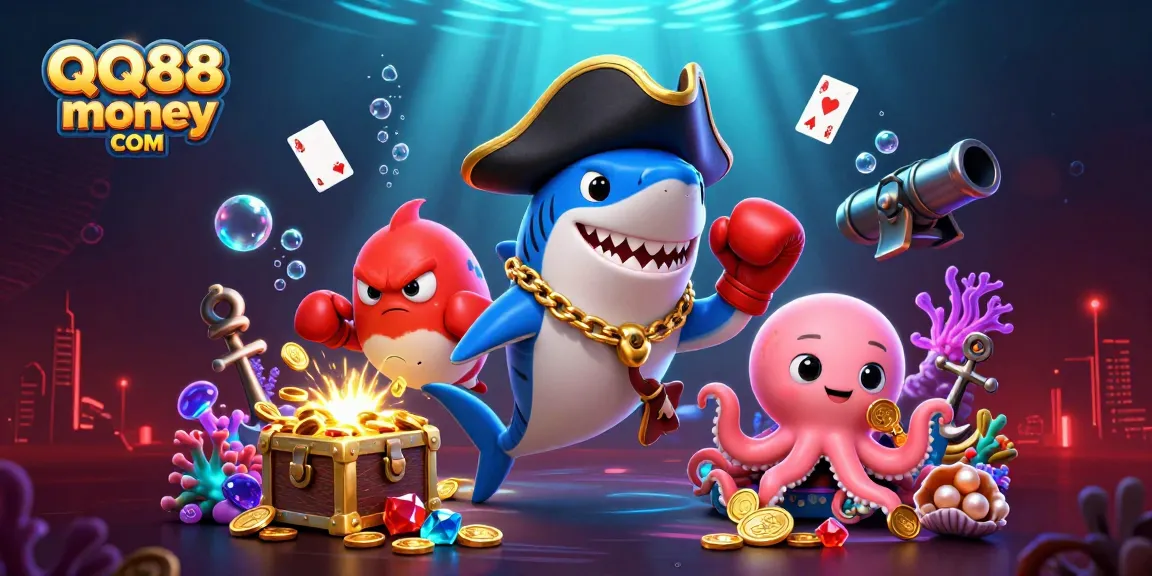 Experience exciting gaming at QQ88money COM with a vibrant scene featuring charming casino characters.
