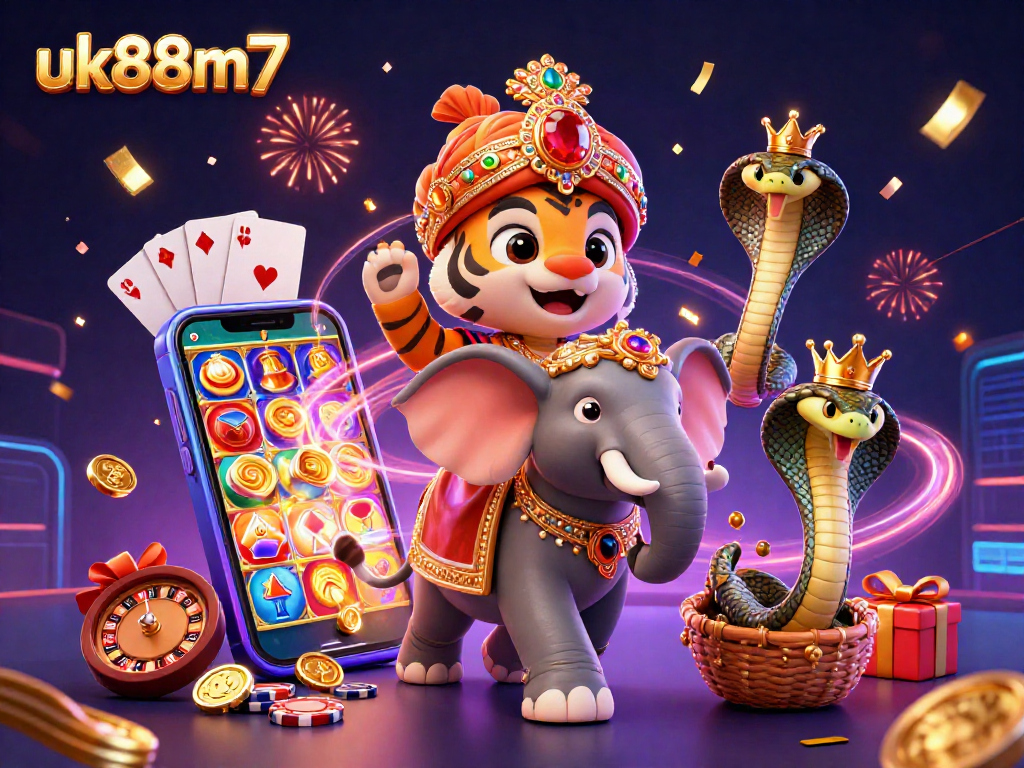 Spin the reels with excitement at uk88m7, featuring a vibrant 3D casino scene with colorful elements.