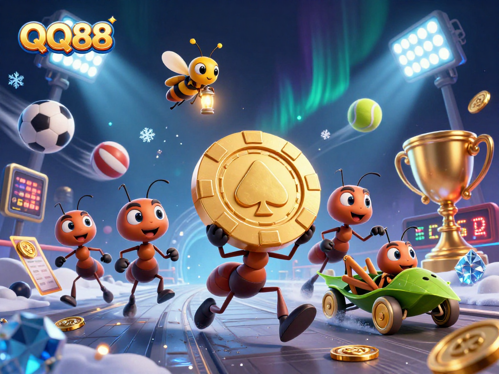 Experience thrilling gambling action with QQ88 in this dynamic 3D gaming adventure illustration.