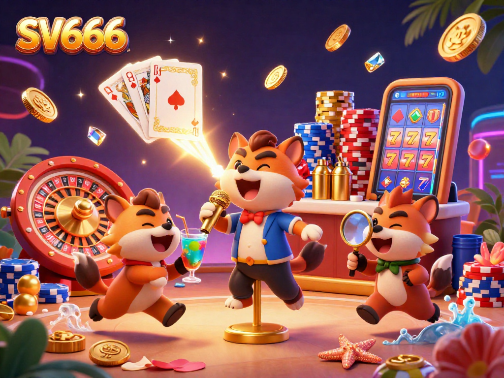 Experience the excitement of SV666 with a lively hyena comedy casino scene, showcasing slot reels and vibrant casino elements.