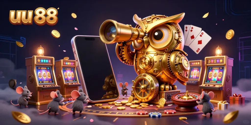Engage in thrilling gameplay at uu 88 with a colorful casino scene featuring an owl and vibrant slot machines.
