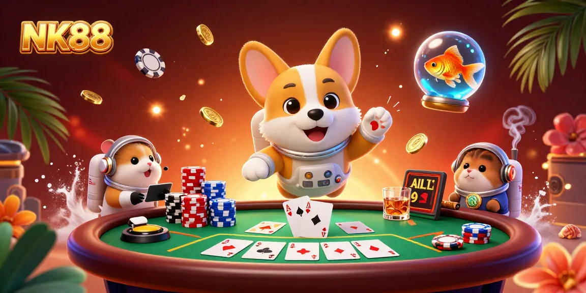 Experience thrilling gameplay at NK88 with an astronaut corgi, casino chips, and dynamic gaming action.