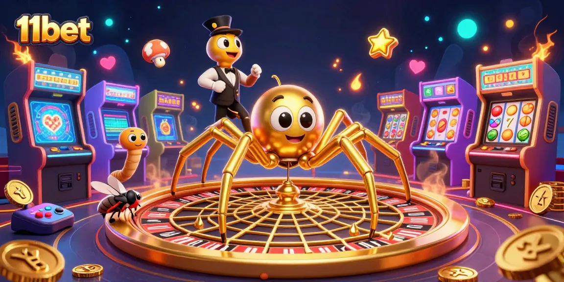 Spin the roulette with 11bet: A golden web, animated characters, and vibrant casino elements.