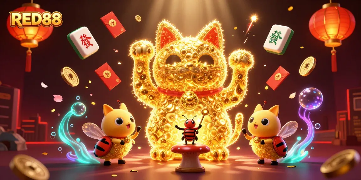 Join the excitement at RED88 with colorful casino elements and a lucky cat illustration.