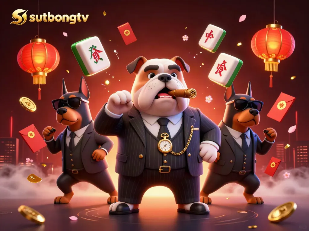 Sutbongtv enhances online gambling with a lively 3D mafia scene featuring a bulldog and Dobermans amidst golden mahjong tiles.