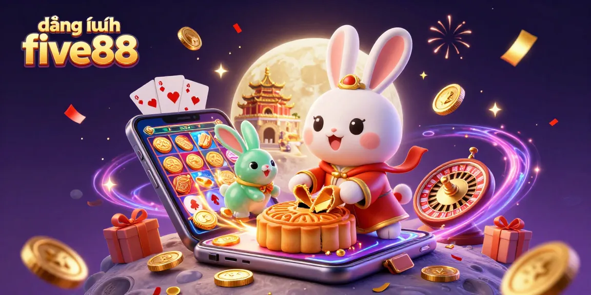 Engage in đăng nhập five88 with vibrant 3D casino illustration featuring moon rabbit and gold coins.