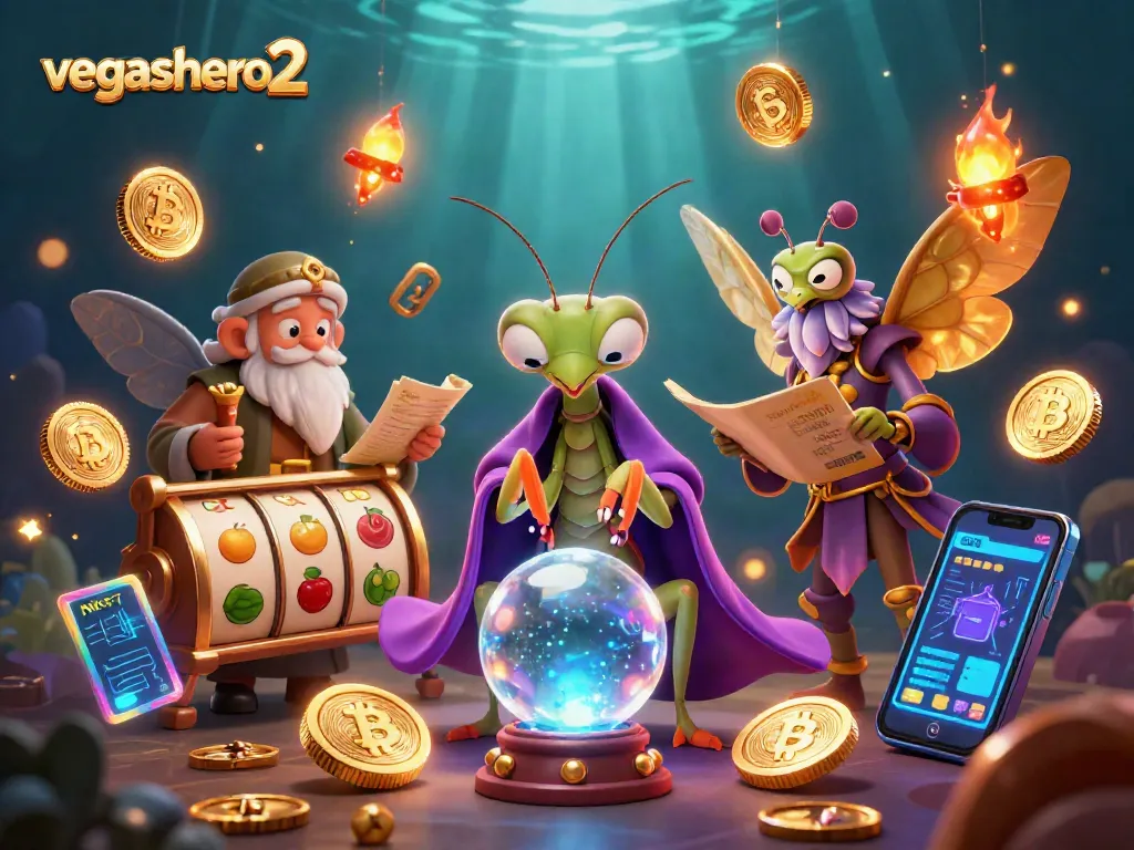 Engage in fun at vegashero 2 featuring a dynamic casino scene with colorful slot reels and coins.