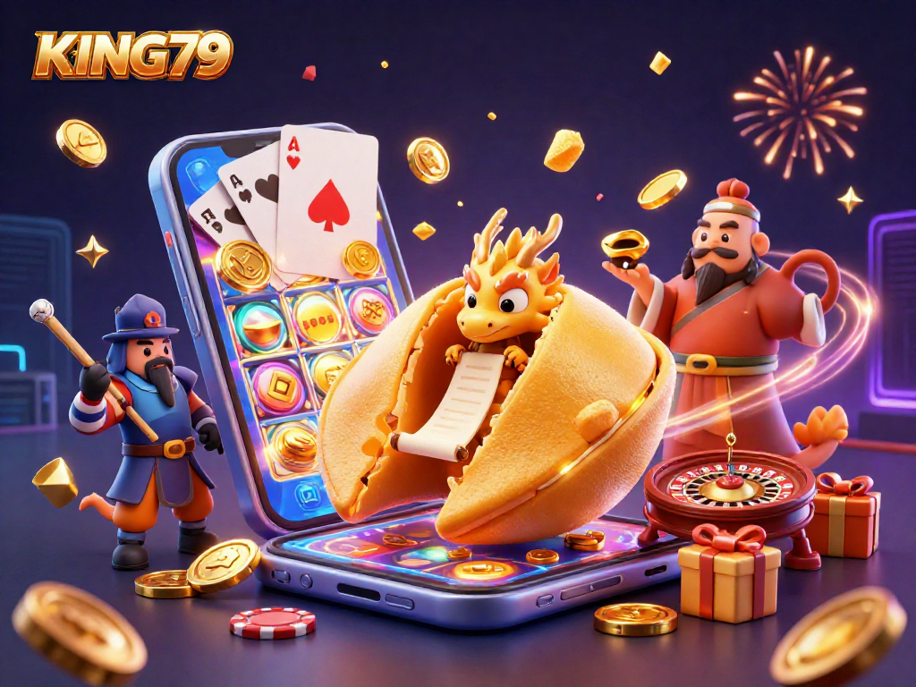Experience the magic of KING79 with fortune cookies and casino gold in a vibrant 3D casino scene.