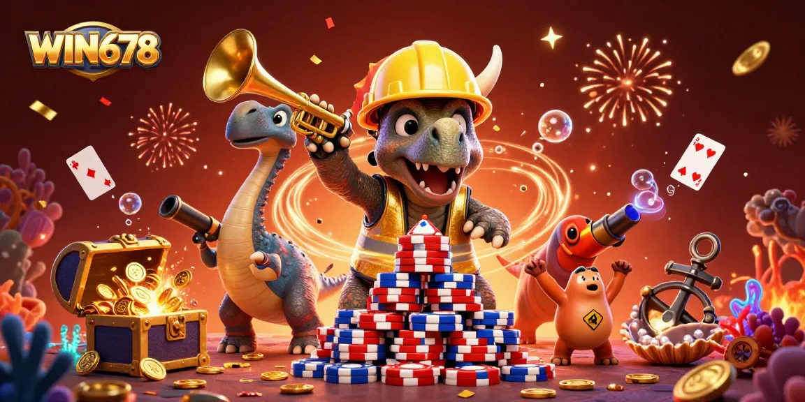 WIN678 offers thrilling gaming moments with cheerful characters building excitement in an online casino setting.