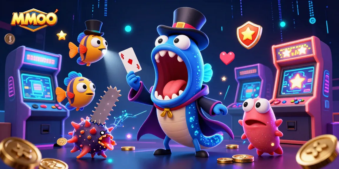 Experience the MMOO casino magic with a bioluminescent eel performing card tricks in a vibrant arcade scene.