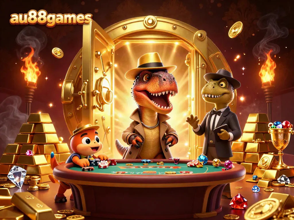 Experience thrilling gameplay at au88games with 3D velociraptor card counter at a vibrant casino.