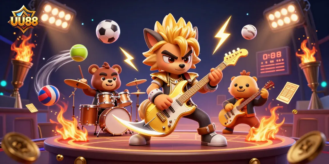 Experience thrilling gaming with UU88 in this vibrant 3D casino scene featuring dynamic characters.