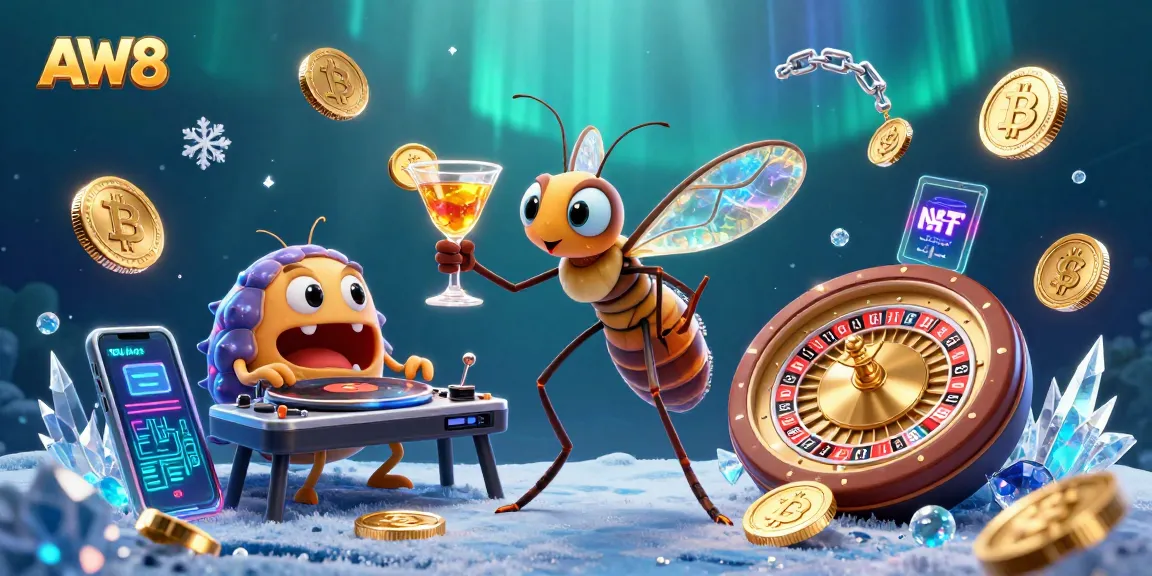 AW8 showcases a lively casino scene with crypto elements and vibrant characters