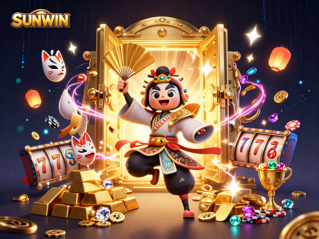 SUNWIN showcases an exhilarating casino scene with kabuki warriors and slot reels, enhancing your gambling experience.