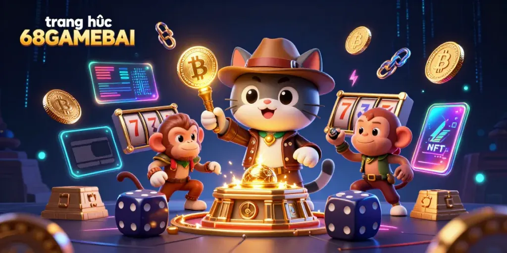 Engaging scene with trang chủ 68GAMEBAI featuring a cartoon cat archaeologist and monkey amidst casino treasures.
