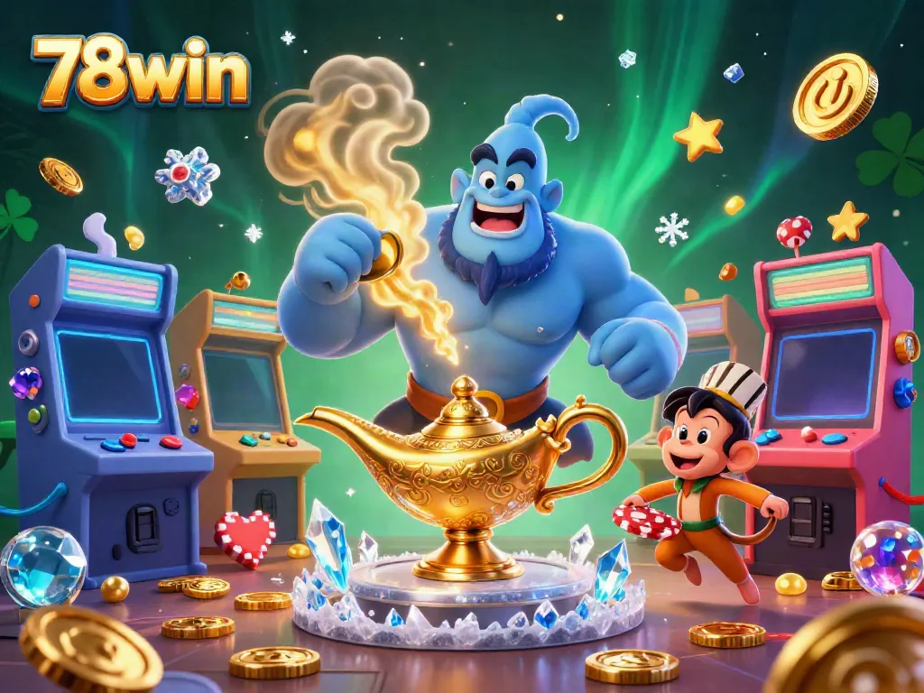 Engage in thrilling gaming with 78win, featuring a blue genie and a flying carpet in a vibrant casino setting.