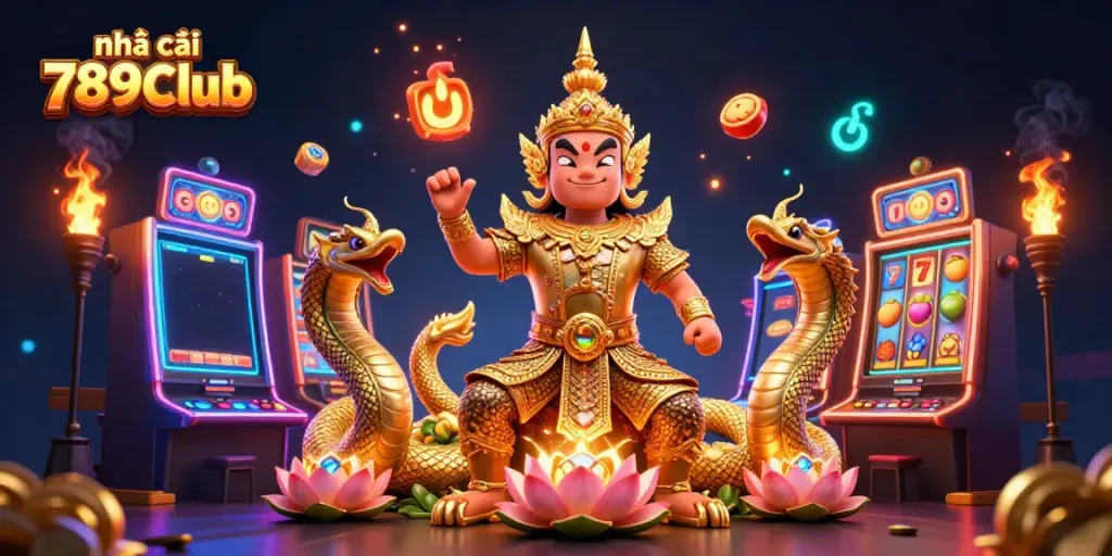 Experience the thrill at Nhà cái 789Club with vibrant slot machines and a guardian ready for action.