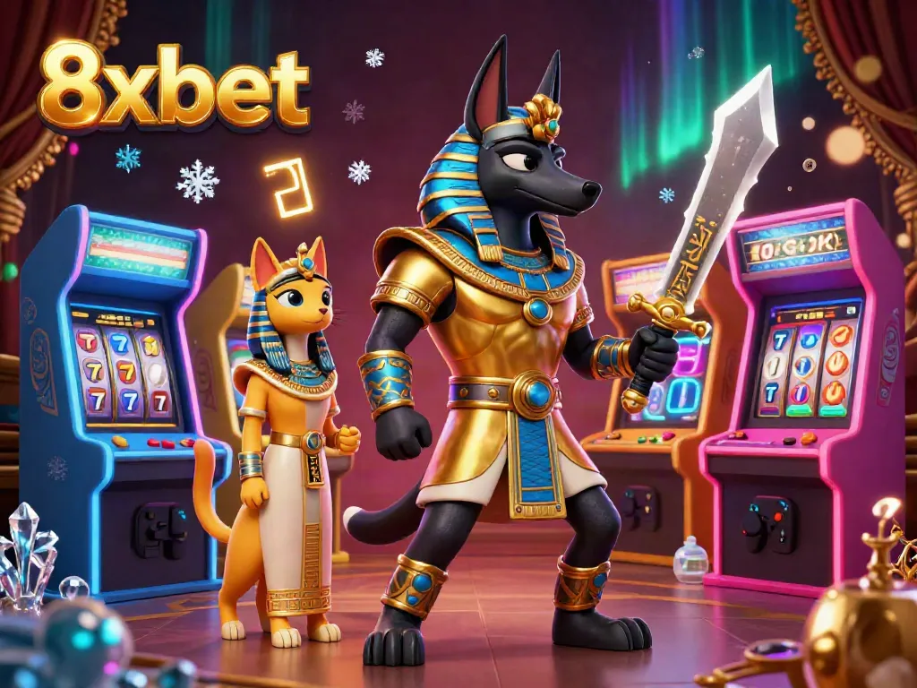 Engage in vibrant 3D gaming with 8xbet featuring Anubis and Bastet among colorful arcade elements.