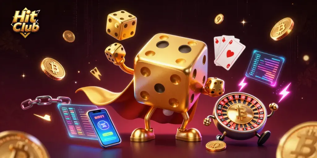 Experience thrilling wins at Hit Club with vibrant 3D dice and crypto elements in a dynamic casino scene.