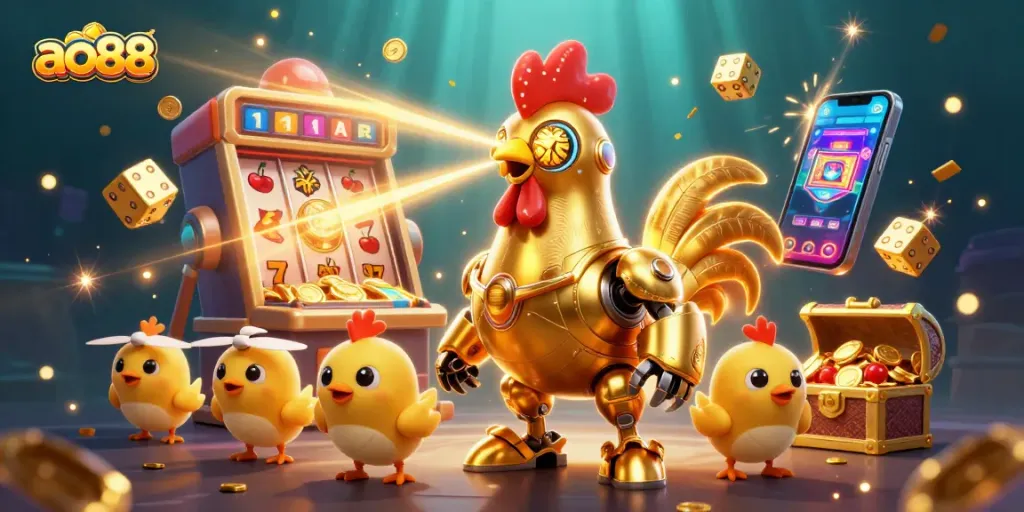 Spin to win big with ao88 as the golden rooster robot lasers jackpot coins amidst a colorful casino scene.