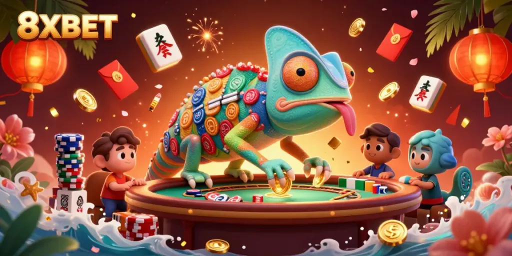 Engage with exciting gaming at 8XBET, where a colorful chameleon owner symbolizes diversity in betting.
