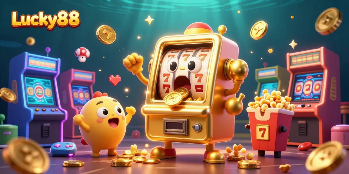 Experience the thrill of Lucky88 as a joyful golden slot machine wins big in a colorful casino scene.