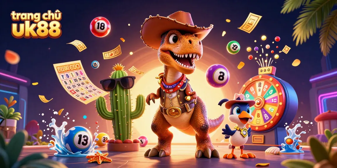Engage with trang chủ uk88 featuring a lively 3D T-Rex and casino elements amidst colorful lottery balls.