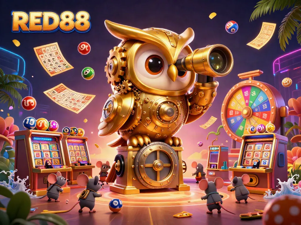 Engage in thrilling gameplay with RED88, where golden owls oversee vibrant casino chaos.