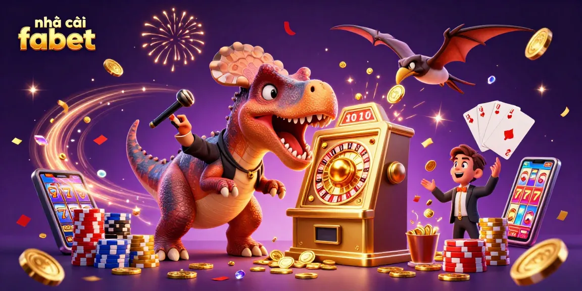 Engaging scene of nhà cái fabet with prehistoric characters interacting with a casino slot machine and flying coins.