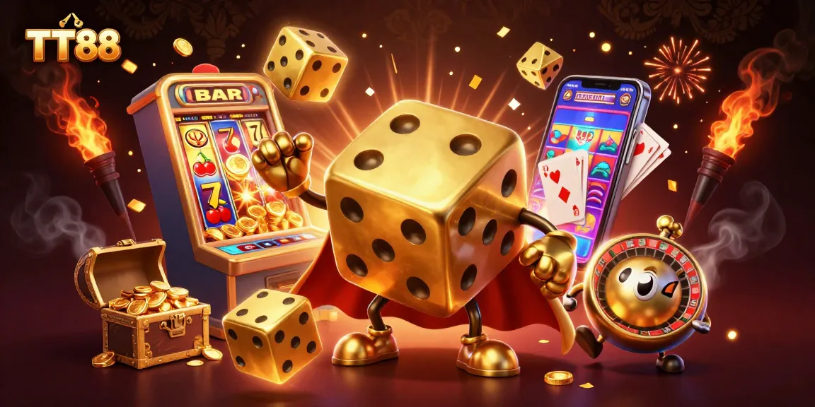 TT88's lively 3D casino scene with golden dice golem and jackpot explosion