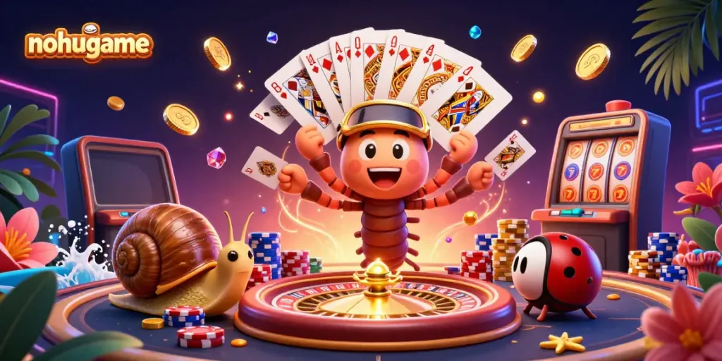 Engage with thrilling gambling action at nohugame, showcasing a vibrant casino scene with animated characters and rich game elements.