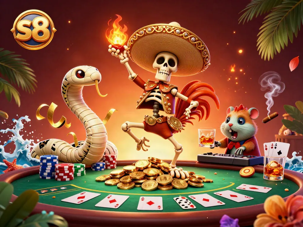 Engage with s8's vibrant casino scene featuring a dancing rooster and a DJ hamster for electrifying fun.