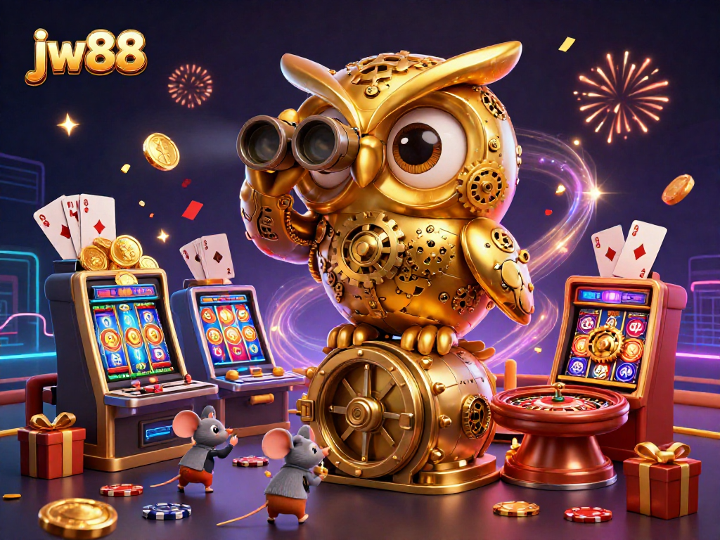 Experience thrilling games at jw88, with a vibrant 3D casino scene featuring a golden owl and animated elements.