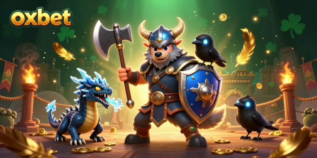 Engage in thrilling gameplay at oxbet, showcasing a Viking wolf warrior and mythical creatures in a vibrant casino scene.