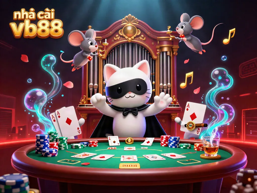 Engage with nhà cái vb88 in an exciting casino scene featuring a white cat at a pipe organ.