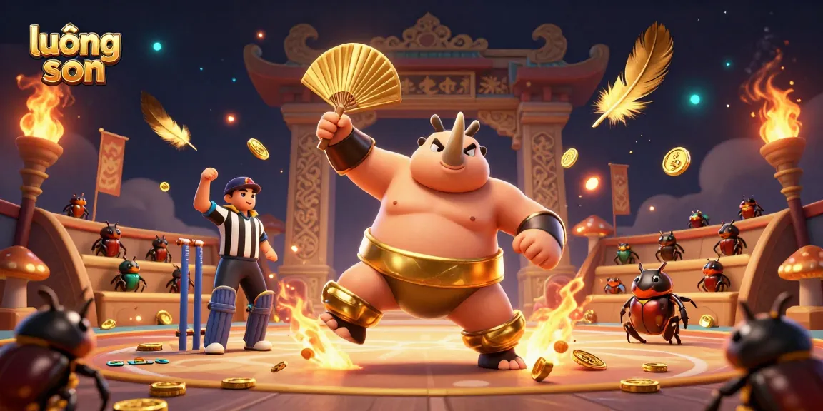 Engage with lương sơn as the sumo champion beetle triumphantly stomps in a vibrant sports betting arena.