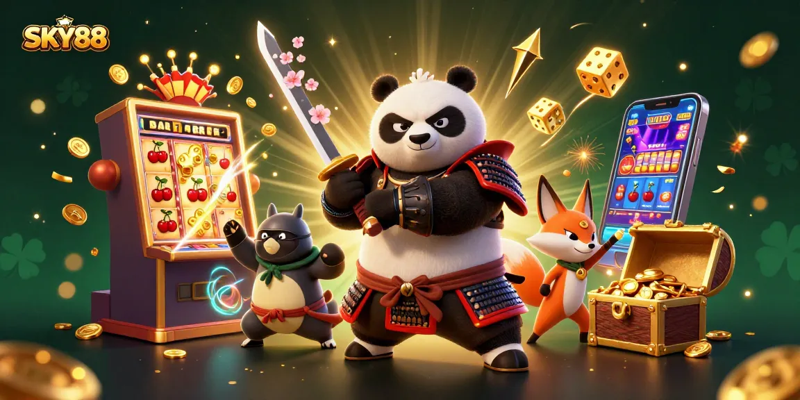 SKY88 slots and casino extravaganza featuring a samurai panda and ninja fox in action.