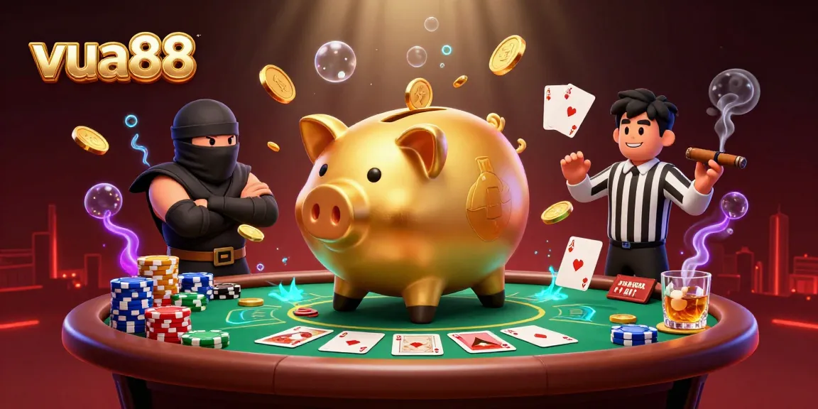 Experience vua88 gaming action with an energetic scene featuring a golden piggy bank sumo wrestler and poker elements.