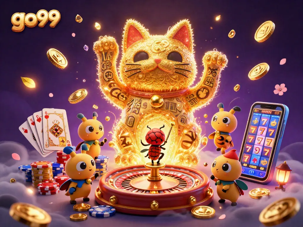 Experience the exciting realm of go99 with dazzling casino symbols and vibrant gameplay illustrations.