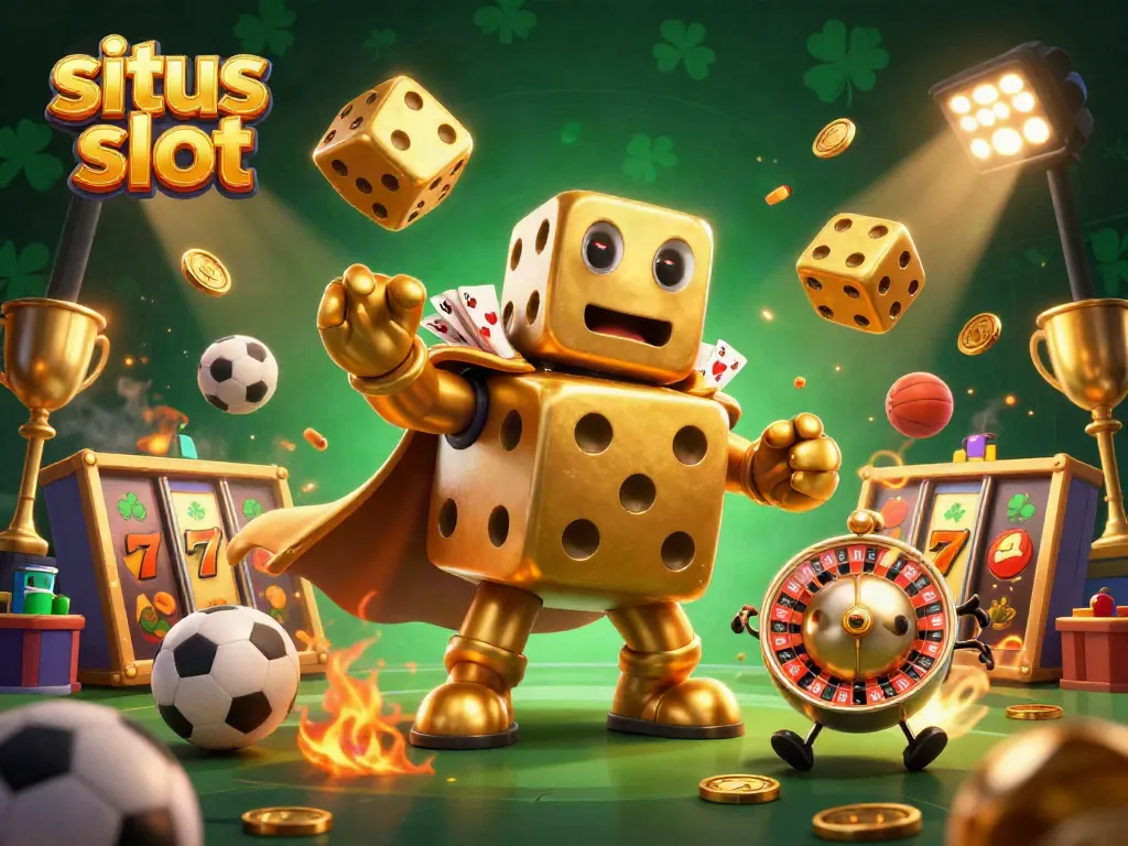 Experience situs slot excitement with a dynamic 3D illustration of golden dice and game elements in motion.