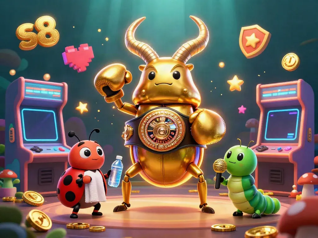 Engage in vivid gameplay at s8, showcasing a golden stag beetle champion in a colorful casino setting.