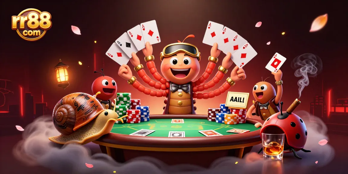Join the thrilling action at rr88 com with a lively casino scene featuring a millipede dealer and high-roller snail.