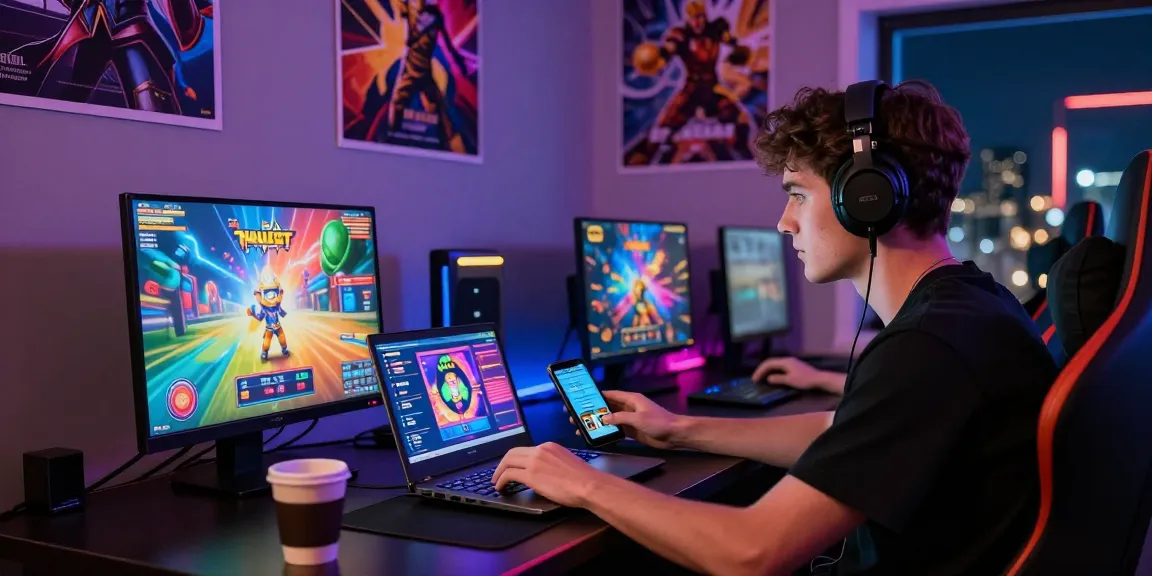 Permainan slot online dengan grafik cerah dan pemain antusias menggunakan laptop gaming.