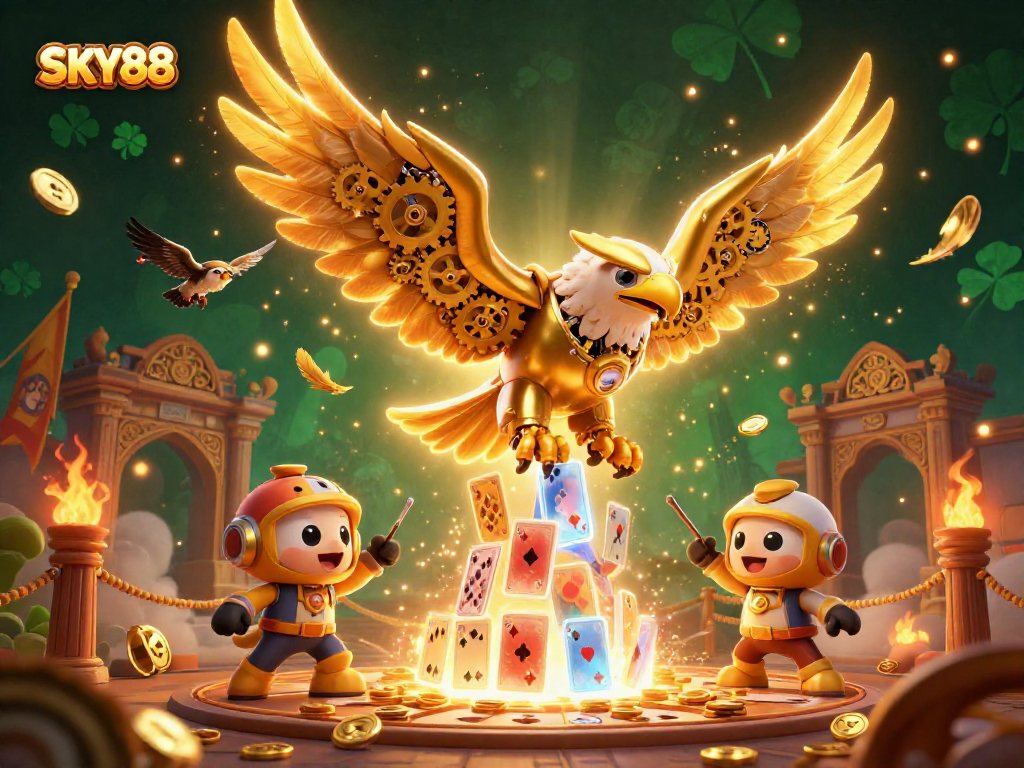 Experience thrilling gameplay with SKY88's dynamic 3D casino scene featuring a cybernetic eagle and holographic cards.