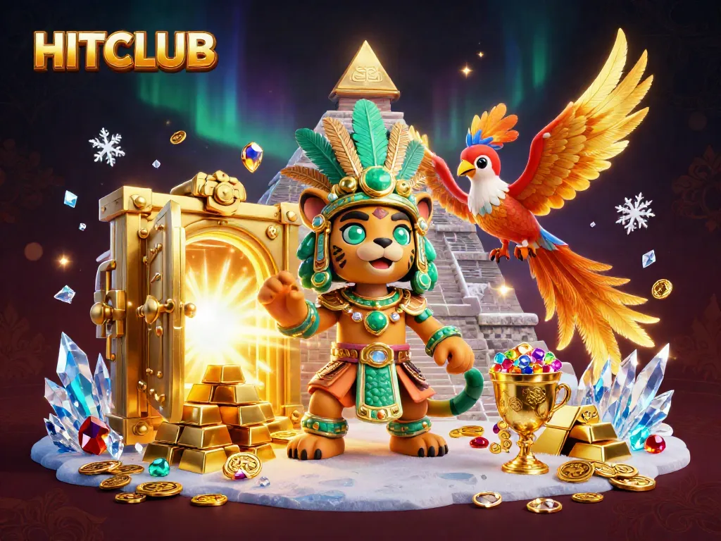Experience HITCLUB's vibrant scene with a Mayan jaguar priest illuminating riches in a digital casino.